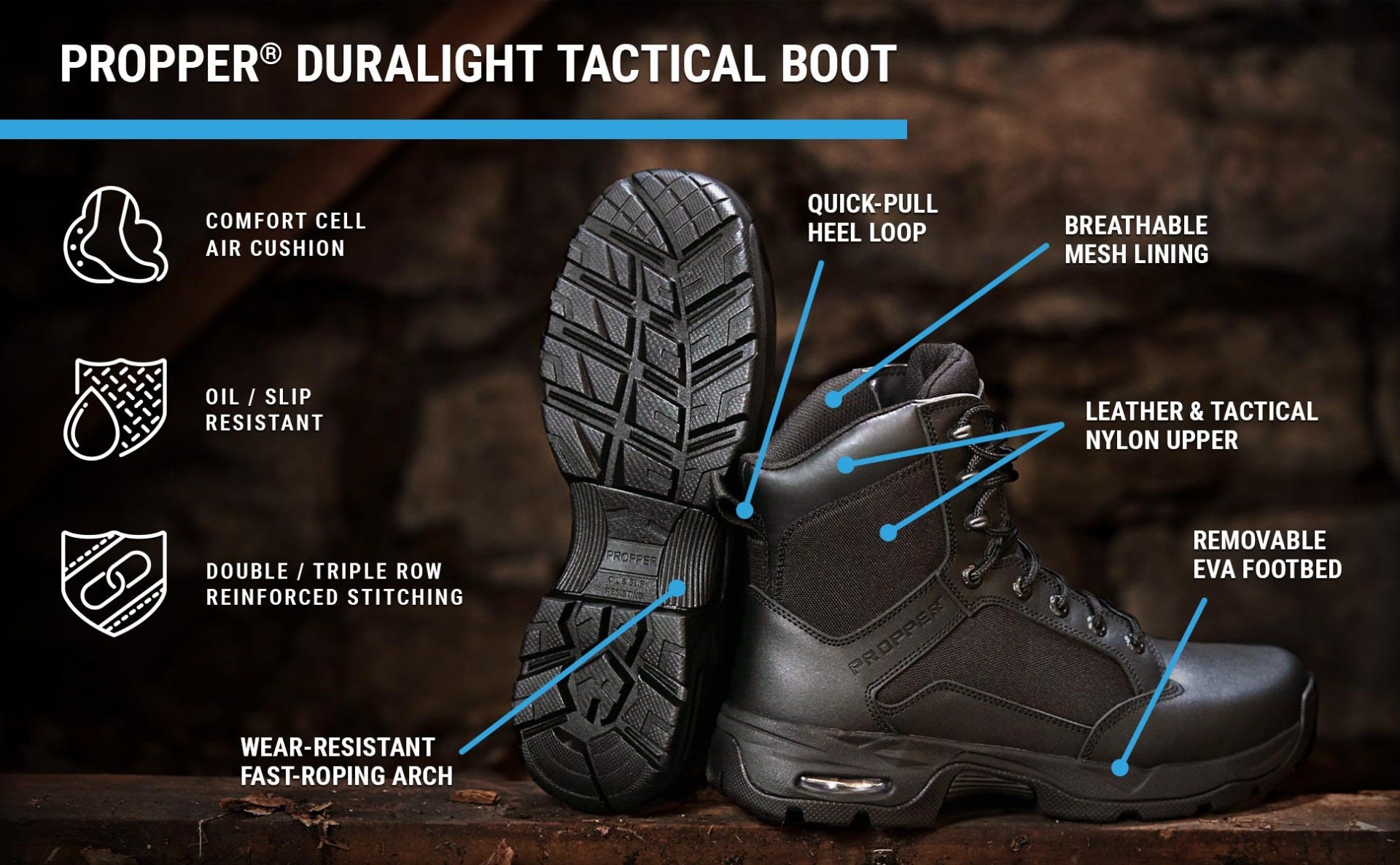 Black Duralight tactical boot has breathable mesh lining, leather upper, removable insert and oil and slip resistance with air cushions.