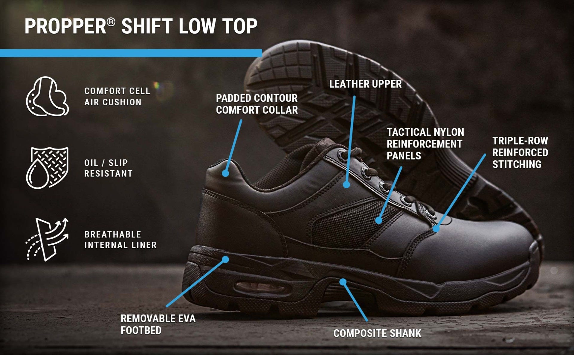 Shift Low Top shoes offer a comfort air cell cushion, removable insert, triple stitching with breathable liner and leather upper.